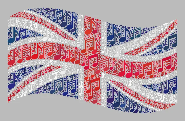 Waving Musical Bandiera del Regno Unito - Mosaico con note musicali — Vettoriale Stock