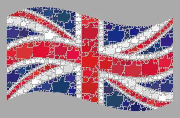 Waving Jóváhagyás Egyesült Királyság Flag - Collage with Thumb Up Elements — Stock Vector