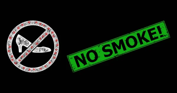 Scratched Nenhum emblema de exclamação de fumaça e malha de sapatos proibidos de rede com pontos de luz brilhantes — Vetor de Stock