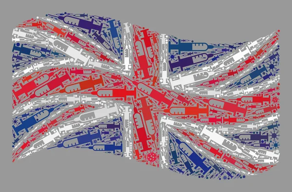 Waving Virus Therapy Wielka Brytania Flaga - Mozaika z wirusami i elementami igły — Wektor stockowy