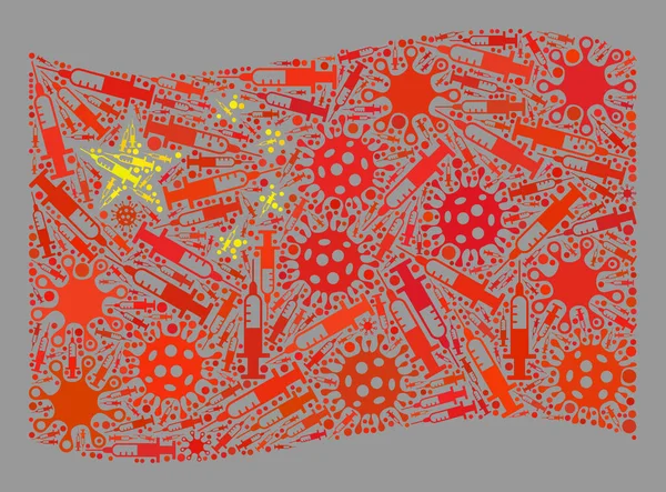 Covid-2019 Tedavi Çin Bayrağı Virüs ve Şırınga Elementleri Kolajı — Stok Vektör