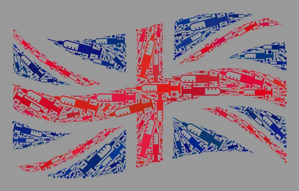 Ondeando la Vacuna Bandera de Gran Bretaña - Mosaico de Iconos Virales y Jeringas — Vector de stock