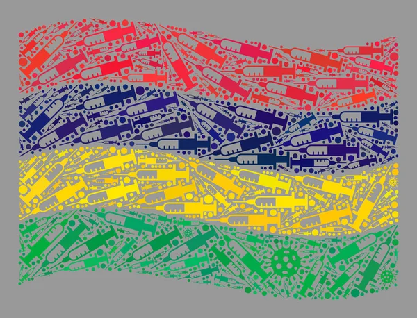 वेव्हिंग व्हायरस थेरपी मॉरिशस ध्वज व्हायरस आणि सिरिंज चिन्ह मोशेक — स्टॉक व्हेक्टर