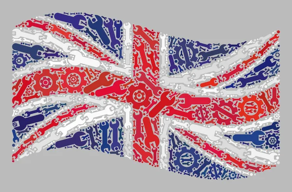 Waving Service Reino Unido Bandeira - Mosaico com elementos de engrenagem e chave —  Vetores de Stock