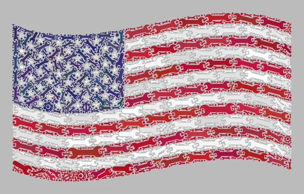 Ondeando Bandera Industrial USA - Mosaico de engranajes y elementos de llave — Archivo Imágenes Vectoriales