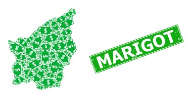 Kauçuk Marigot Damgası ve San Marino Banknote Simgeleri Harita Kolajı