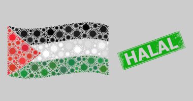 Lastik Helal Rozet ve Dalgalanan Güneşli Filistin Güneş Bayrağı Kolajı