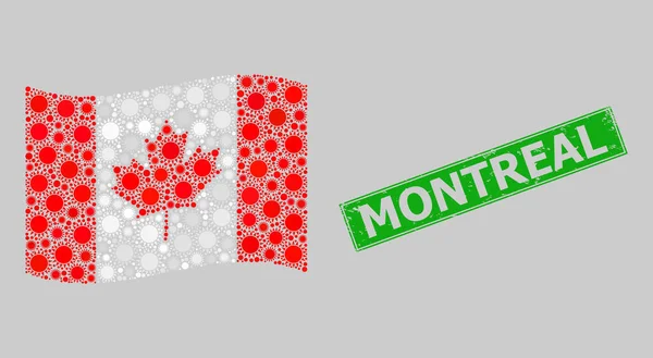 Scratched Montreal Badge y ondeando Sunny Canada Flag Collage con soles — Vector de stock