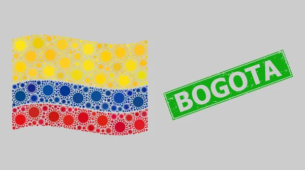 Distress Bogota Stämpel Seal och viftande soliga Colombia flagga Mosaik med solar — Stock vektor