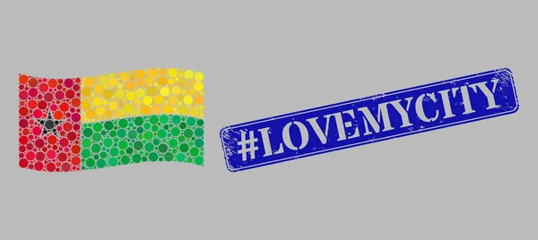 Ondeando bandera de Guinea Bissau mosaico de puntos redondos y hashtag Grunge Lovemycity marca de agua — Vector de stock