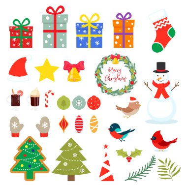 Beyaz arka planda izole edilmiş bir dizi Noel elementi.