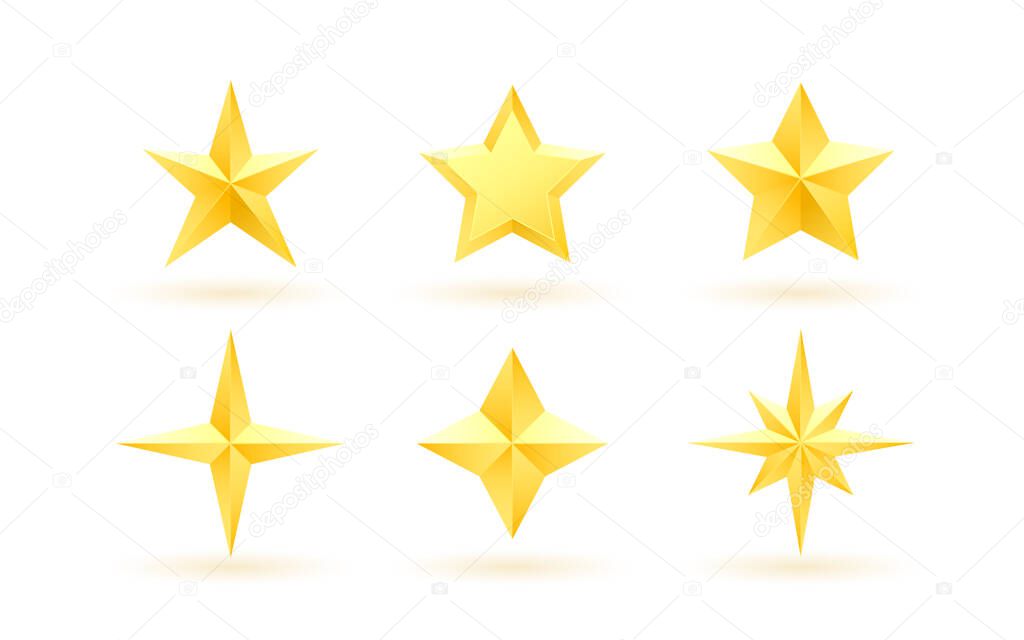 Set of gold realistic metallic stars on a white background. Vector illustration.