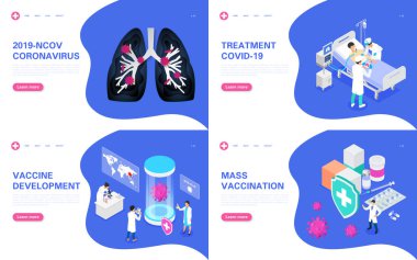Covid-19 konsept pankartlar hazır. Coronavirus salgını, tedavi, geliştirme ve aşı üretimi.