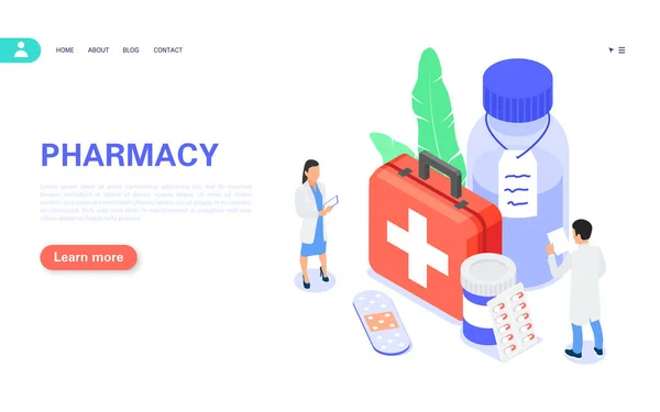 Bannière concept pharmacie. Acheter des médicaments en ligne. Le pharmacien sélectionne les médicaments appropriés et d'autres marchandises de la pharmacie pour la commande. — Image vectorielle