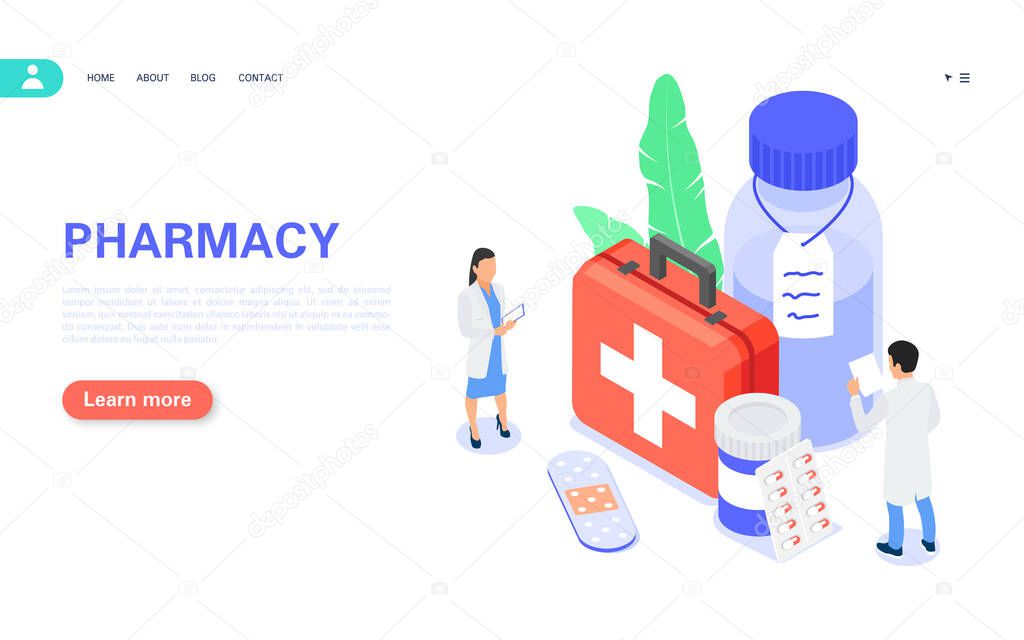 Pharmacy concept banner. Buying medicines online. The pharmacist selects suitable medicines and other goods from the pharmacy for ordering.