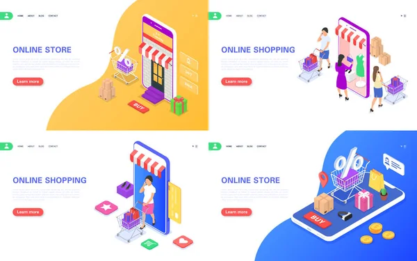 Jogo de banners conceito de compras online. Loja Web, encomendar bens usando um smartphone, entrega sem contato. — Vetor de Stock