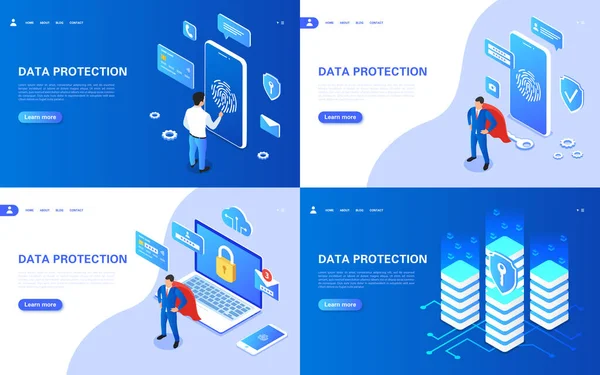 Σύνολο banner προστασίας δεδομένων. Έννοια της ηλεκτρονικής προστασίας των εμπιστευτικών πληροφοριών. — Διανυσματικό Αρχείο