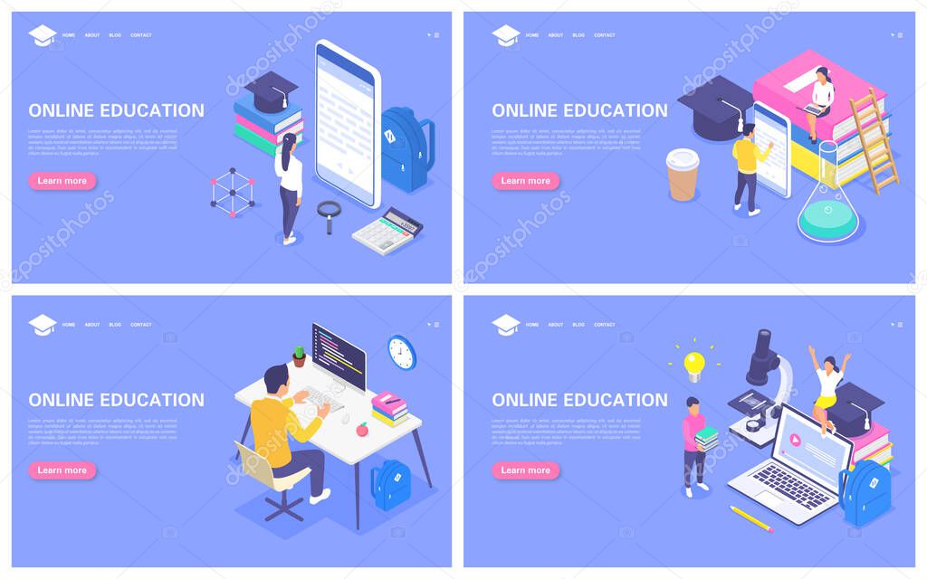 Online education concept set of banners. Distance learning students or schoolchildren.