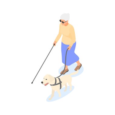 Beyaz arka planda izole edilmiş baston ve rehber köpeği olan kör yaşlı kadın..