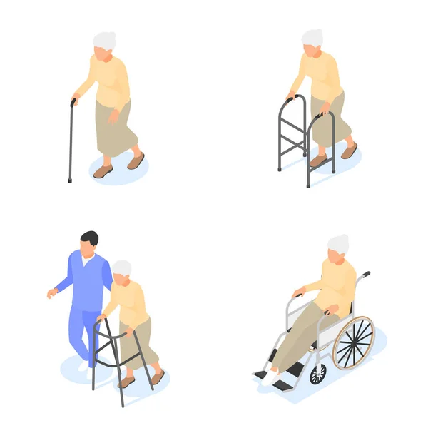 Group of elderly women with walking stick, walker and wheelchair isolated on a white background. Retirement, caring for the elderly. — Stock Vector