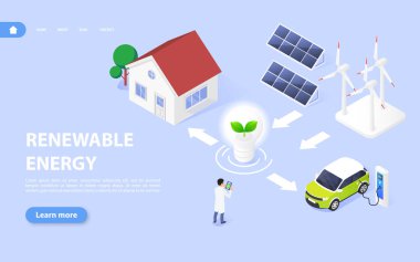 Ekolojik ve yenilenebilir enerji kavramı. Güneş ve rüzgar enerjisi elektrik enerjisine dönüştürülüyor.