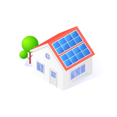 Beyaz arka planda, çatıda güneş panelleri olan izole bir ev. Çevreye önem vermek.