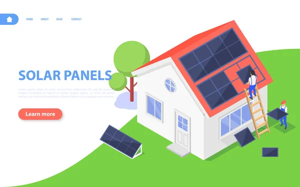 Встановлення сонячних панелей робітниками на даху будинку. концепція відновлюваної та екологічної енергетики . — стоковий вектор