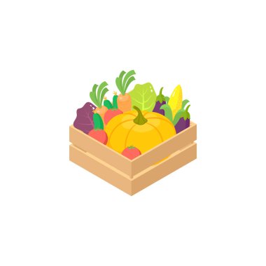 Beyaz arka planda tahta bir kutuda taze sebzeler..