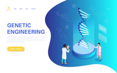 Genetik Mühendisliği Sancağı. Küçük insanlar DNA 'nın yapısını inceler. Tıbbi personel sonuçları test edip analiz ediyor..