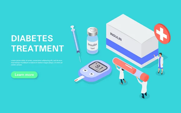 Diabetes treatment banner concept. Measuring blood sugar with a glucometer. Tiny people carry a test tube of blood for analysis. — Stock Vector