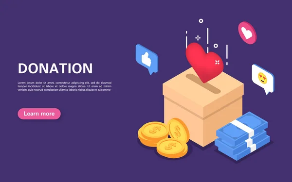 Donatie concept. Doos voor het goede doel. Vrijwilligerswerk en contante bijdragen. — Stockvector