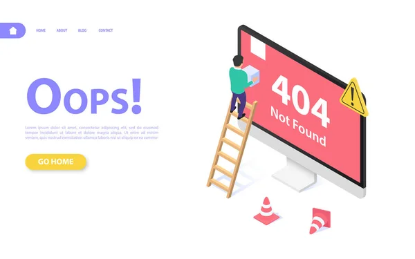 Konsep halaman web dengan kesalahan 404. Seorang pria di tangga sedang mencoba untuk mengembalikan halaman situs. - Stok Vektor