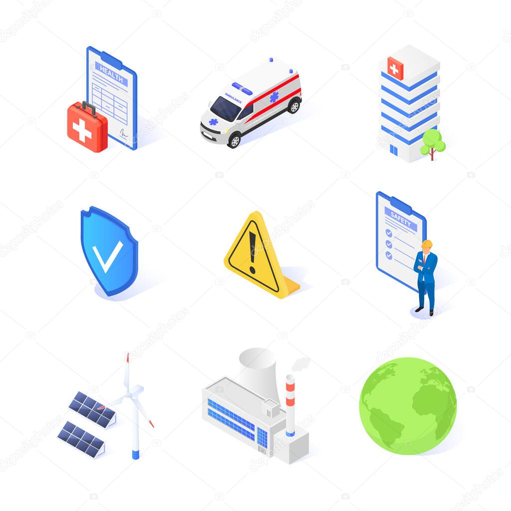 HSE Concept - Health, Safety and Environment. Set of isolated icons on a white background.