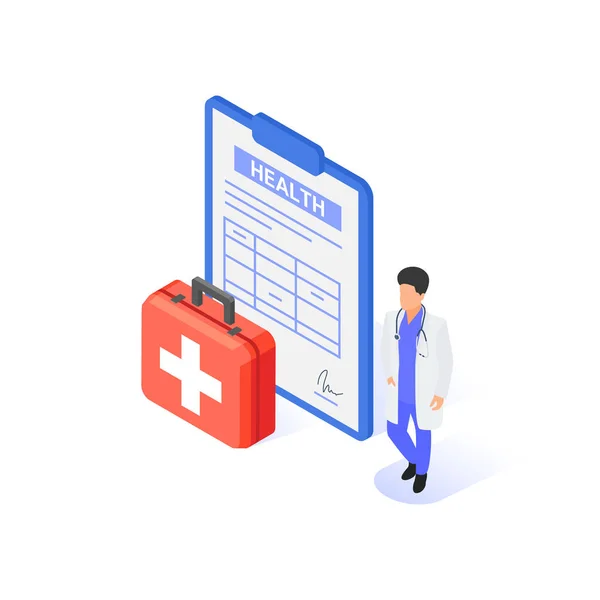 Begreppet försäkring och sjukvård. Läkare med ett medicinskt dokument och första hjälpen kit på en vit bakgrund. — Stock vektor