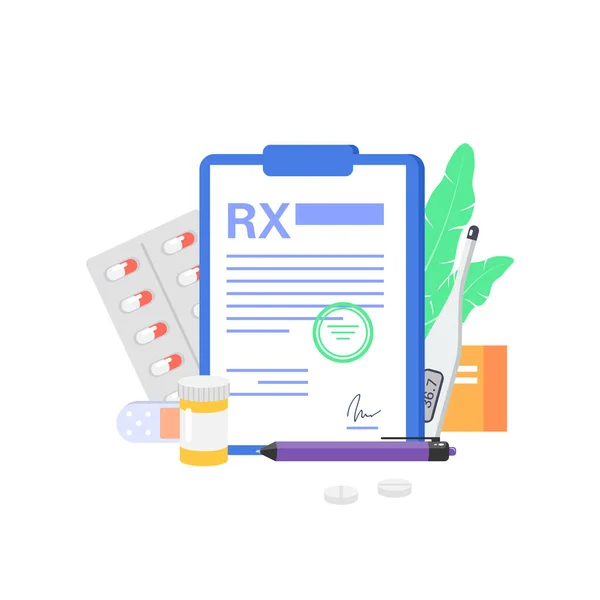 Rx medical prescription with medicines on a white background. — Stock Vector