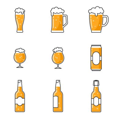 Beyaz arka planda izole edilmiş bira kupaları, bardaklar ve şişeler..