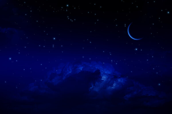 Night sky with stars and clouds. Thin arc moon. Dark blue tint