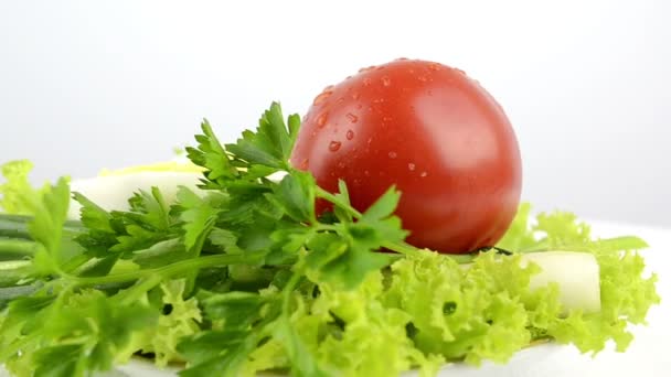 Zwiebel, gekochtes Ei, Salat, Tomaten, Petersilie — Stockvideo