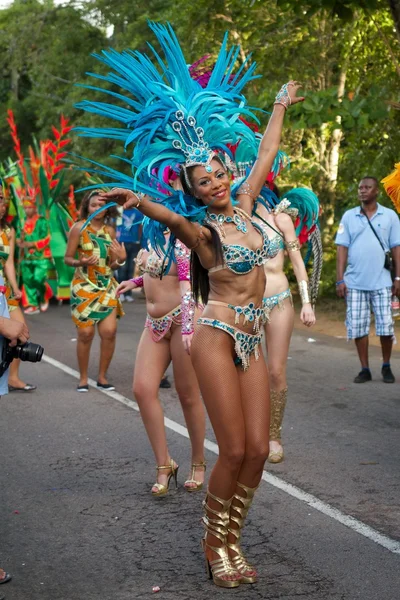 Victoria, Seychellen - 26 April 2014: Braziliaans danser op het Carnaval International de Victoria in Seychellen Stockfoto