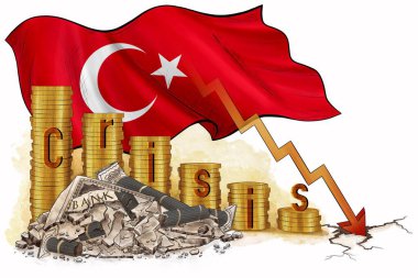 Türkiye 'de mali kriz. Küresel ekonomik çöküş. Kule sikkeleri ve bayrakları, çatlak bankanın yanında, beyaz arka plan.