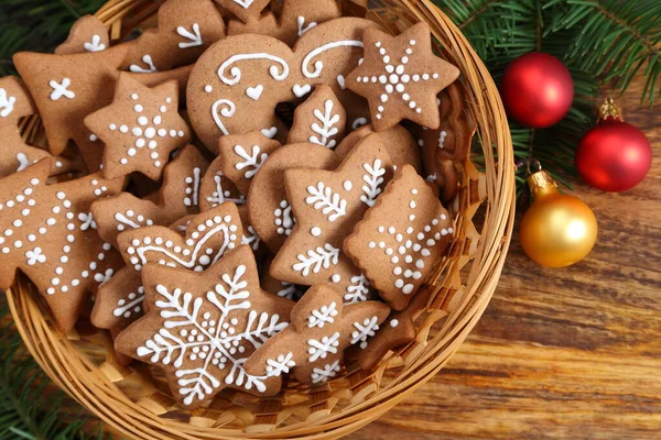 Homemade Gingerbread Cookies Wooden Basket Top View — Stock Photo, Image