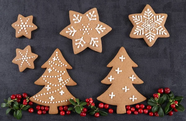Christmas Homemade Gingerbread Cookies Dark Background Top View — Stock Photo, Image