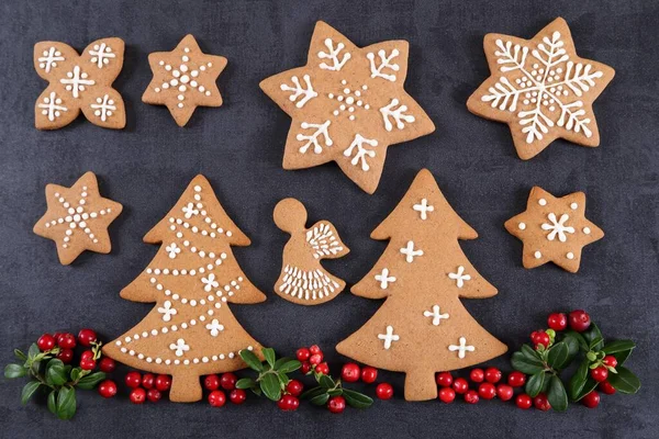 Christmas Homemade Gingerbread Cookies Dark Background Top View — Stock Photo, Image