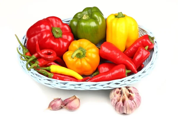 Colorful Peppers Garlic White Background — Stock Photo, Image
