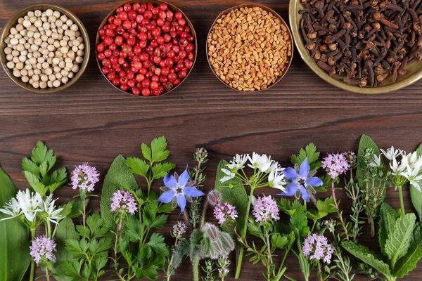 Ahşap Arka Planda Bitkiler Baharatlar Yemek Aromatik Malzemeler Üst Görünüm — Stok fotoğraf