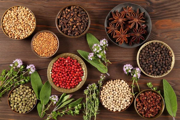 Colorful Aromatic Herbs Spices Dark Wooden Background Top View — Stock Photo, Image