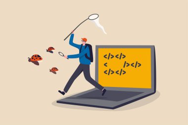 Programming debug search for application software bug and fix code concept, young nerd programmer, coder or software tester running from computer laptop using debugging tools to catch ladybugs. clipart svg vector 