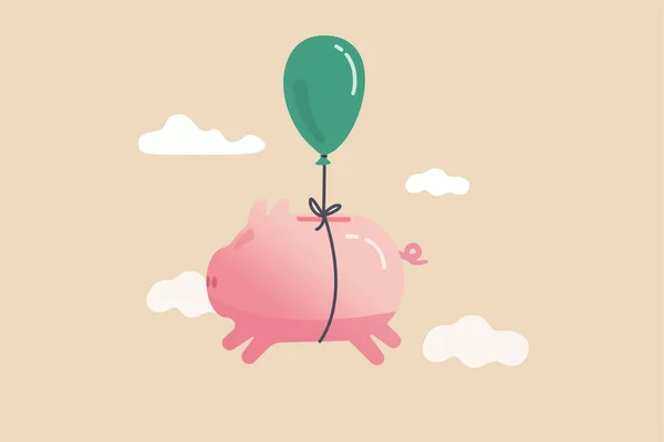 金融の自由 成長の退職貯蓄または金融の成功の概念のための収益投資の増加 幸せなかわいいピンクの貯金箱は空の自由への最小限のスタイルで飛ぶ — ストックベクタ