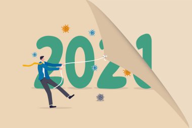 2020 Coronavirus COVID-19 salgınından 2021 yılına geçiş, dünyanın en kötü sağlık ve ekonomik konsepti, insan takvimi Coronavirus patojeni ile sağlıklı bir yeni yıl geçirmek için çekiyor..