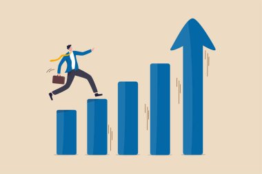 Ekonomik refah, iş kar artışı veya kariyer yolu ve gelir artışı konsepti, zeki iş adamının yükselen okla çıtayı yükseltmesi başarı merdiveni.